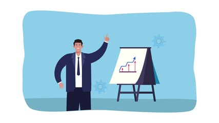 Wall Mural - coaching animation with businessman and statistics in paperboard