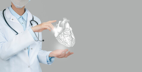 Wall Mural - Unrecognizable doctor holding highlighted handrawn Heart in hands. Medical illustration, template, science mockup.