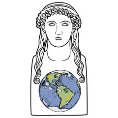 Antique female bust with planet Earth inside. Goddess Gaia. Creative concept. Mother Nature archetype.