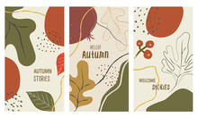Abstract Autumn Stories Background Set, Colorful And Vectored. Flat And Lined Style With Leaves, Geometric And Other Abstract Elements In Hand Drawn Style. Suitable For Social Media, Post Cards Or Ads