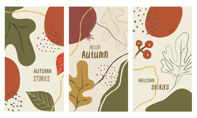 Abstract autumn stories background set, colorful and vectored. Flat and lined style with leaves, geometric and other abstract elements in hand drawn style. Suitable for social media, post cards or ads