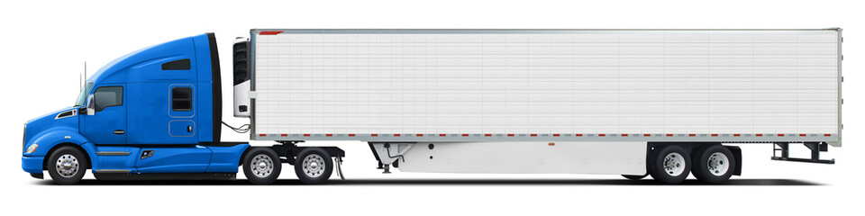 Wall Mural - A large modern American truck with a white trailer and a blue cab. Side view isolated on white background.