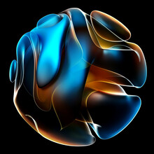 3d Render Of Abstract Art Of Surreal Alien Ball Flower In Spherical Round Wavy Spiral Smooth Soft Biological Lines Forms In Transparent Plastic In Blue And Orange Gradient Color On Black Background