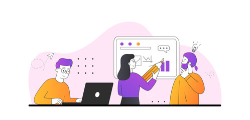 Poster - workflow management concept. company employees study statistics and come up with strategy for furthe