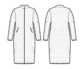 Wall Mural - Down puffer coat jacket technical fashion illustration with zip-up closure, pockets, oversized, knee length, narrow quilting. Flat template front, back, white color style. Women, men unisex CAD mockup