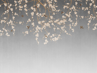 vintage photo wallpaper with branches and birds on grey background. design for wallpaper, photo wall