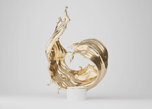 3D Background Podium Display, Gold Liquid, Fluid Splash, Swirl On White. Luxury Golden Flow With Pedestal Showcase For Beauty Product, Cosmetic Promotion.  Abstract 3D Render Studio Mockup