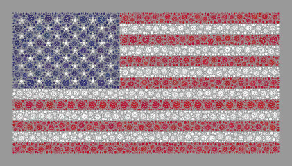 Mosaic USA flag created with cell icons. USA flag collage is organized of random pathogen icons. Vector coronavirus collage rectangular USA flag designed for vaccination purposes.