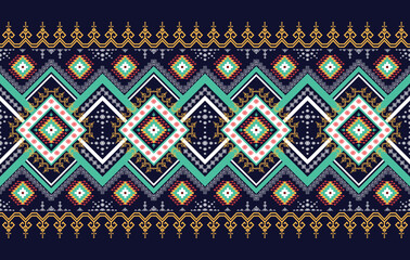 Poster - Ikat geometric Indian ethnic pattern design for background, fabric, clothing, wrapping, textile, texture, decoration, wallpaper, native, boho, mandala,  traditional embroidery vector background 