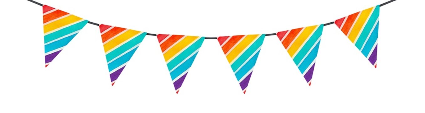 Triangle flags bunting with cute stripes in different colours: red, orange, yellow, green-blue, blue and purple. Hand drawn watercolour illustration for design, isolated element on white background.