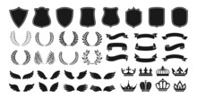 Heraldry Vintage Badge Icon Set. Blazon Different Crown Shield, Ribbon, Wing And Laurel Wreath For Coat Of Arms. Various Decorative Royal Knight Shields Or Emblems Vector