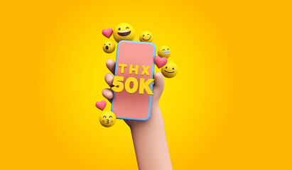 Sticker - Thanks 50k social media supporters. cartoon hand and smartphone. 3D Render.