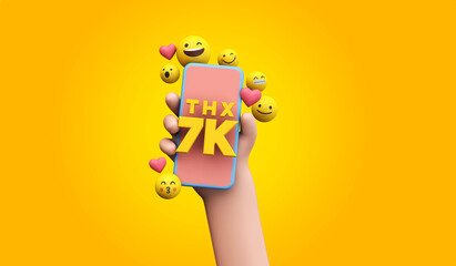 Wall Mural - Thanks 7k social media supporters. cartoon hand and smartphone. 3D Render.