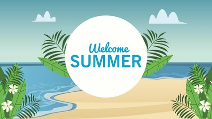 Poster - welcome summer lettering with leafs beach scene