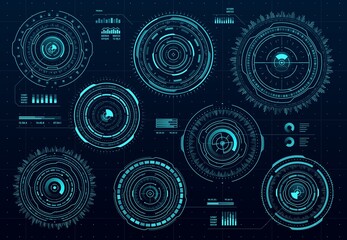 Wall Mural - Circle futuristic HUD digital interface, data screen dashboard, vector round frames and borders. HUD aim controls and digital gauges, target aim and hologram frames, user data UI display buttons