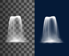 Waterfall cascade, realistic water fall stream, vector fountain cascading natural 3d design elements. Pure falling jet with fog, falling waterfall, streaming isolated on transparent or blue background