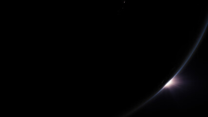 Poster - A cinematic rendering of planet Earth during sunrise as view from space with vibrant blue atmosphere and cloudy sky showing continents below