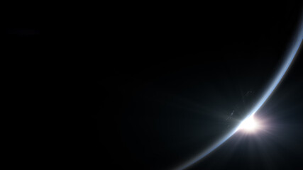 Wall Mural - A cinematic rendering of planet Earth during sunrise as view from space with vibrant blue atmosphere and cloudy sky showing continents below