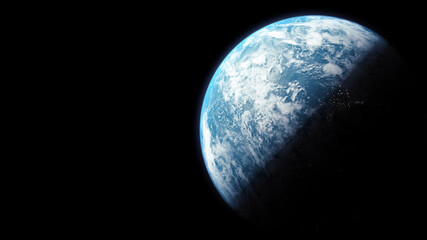Poster - A cinematic rendering of planet Earth during sunrise as view from space with vibrant blue atmosphere and cloudy sky showing continents below