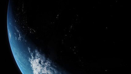 Poster - A cinematic rendering of planet Earth during sunrise as view from space with vibrant blue atmosphere and cloudy sky showing continents below
