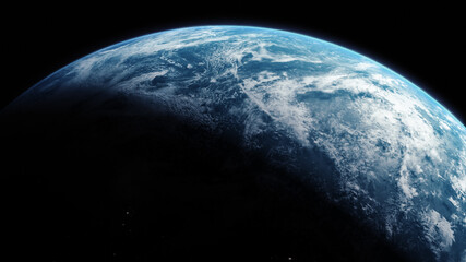 Poster - A cinematic rendering of planet Earth during sunrise as view from space with vibrant blue atmosphere and cloudy sky showing continents below
