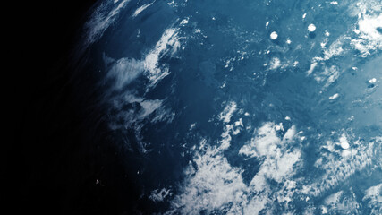 Poster - A cinematic rendering of planet Earth during sunrise as view from space with vibrant blue atmosphere and cloudy sky showing continents below