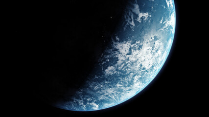 Poster - A cinematic rendering of planet Earth during sunrise as view from space with vibrant blue atmosphere and cloudy sky showing continents below