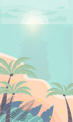 Wall Mural - Sea beach cartoon style background vector. Sunny day. background design on the beach and coconut trees