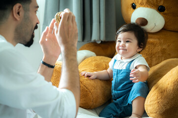 father and children happy together at home, cute baby with childhood family people who man are smiling and playing fun with young toddler son, love and care little daughter or boy lifestyle