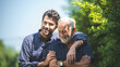 © chokniti - caucasian senior father and adult son are hugging together at home, generation family are happy with people love, male mature, old person man, elderly grandfather smiling living at the house