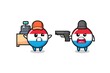 illustration of the cute luxembourg flag badge as a cashier is pointed a gun by a robber