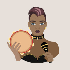 Fototapete - Avatar of a woman with a meek stylish haircut with a microphone in her hand and a tambourine in the other. Vocalist. Rock music. Flat vector illustration.