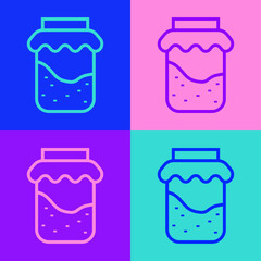 Sticker - Pop art line Jam jar icon isolated on color background. Vector