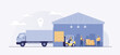 © yellow_man - Warehouse building.  Warehouse workers use forklifts to move boxes into trucks. Vector illustration