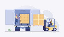 Forklift Loading Pallet Boxes Into Truck Rear View. Electric Uploader Loading Cardboard Boxes In Delivery Vehicle. Vector Illustration