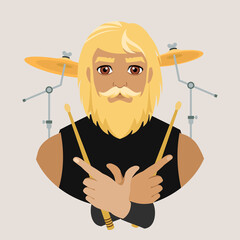 Fototapete - Avatar of a blond man with long hair and a beard holding drumsticks in his hands. Drummer. Rock music. Flat vector illustration.