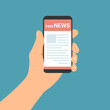 © Forgem - Flat design illustration of male hand holding mobile phone with online newsletter and text fake news, vector