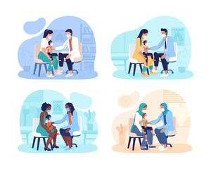 Poster - annual pediatric checkups 2d vector isolated illustrations set. toddler exam. mother and kid appoint
