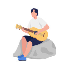 Poster - Young man playing guitar semi flat color vector character. Sitting figure. Full body person on white. Campfire guitarist isolated modern cartoon style illustration for graphic design and animation