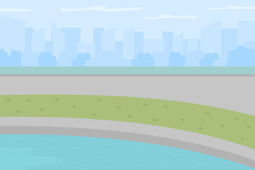 Poster - Pond in urban park flat color vector illustration. Public fishing land. Place for enjoying outdoor activities. Public open space. Peaceful 2D cartoon lake with urban environment on background
