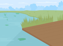 Pond With Dock Flat Color Vector Illustration. Wetland Reeds And Rushes. Artificial Lake For Recreational Fishing. Calm River With Pier 2D Cartoon Landscape With Lush Forest On Background