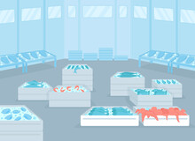 Wholesale Seafood Facility Flat Color Vector Illustration. Fresh And Frozen Seafood Distribution. Containers, Freezers With Shrimp, Octopus And Fish 2D Cartoon Interior With Warehouse On Background