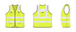 Safety reflective vest icon sign flat style design vector illustration set. Yellow fluorescent security safety work jacket with reflective stripes. Front, side and back view road uniform vest.