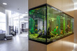 Large built in aquarium with fish and plants in stylish living room