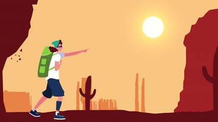 Canvas Print - young adventurous man walking in desert animation