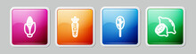 Set Line Corn, Carrot, Spinach And Lemon. Colorful Square Button. Vector