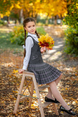 Wall Mural - Portrait of a cute schoolgirl in a school uniform sitting on a wooden chair among the autumn landscape