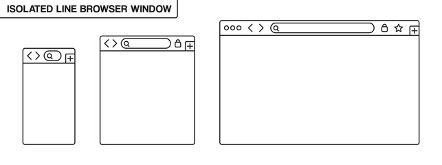 Fototapete - Responsive browser window black lines vector set. Isolated blank browser mockup for mobile smartphone , laptop, monitor, tablet devices. Blank display design template. Vector illustration.
