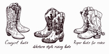 Cowgirl Boots, Western Style Riding Boots,Roper Boots For Rodeo, Woodcutstyle Ink Drawing Illustration With Inscription