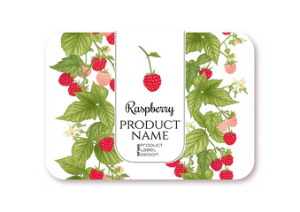 Wall Mural - Raspberry. Ripe berries on branch. Template for product label, cosmetic packaging. Easy to edit. Graphic drawing, engraving style. Vector illustration..